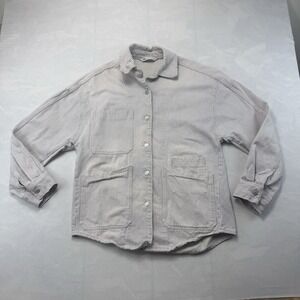 Zara Womens L Striped Utility Overshirt Jacket Beige Button Up Pockets